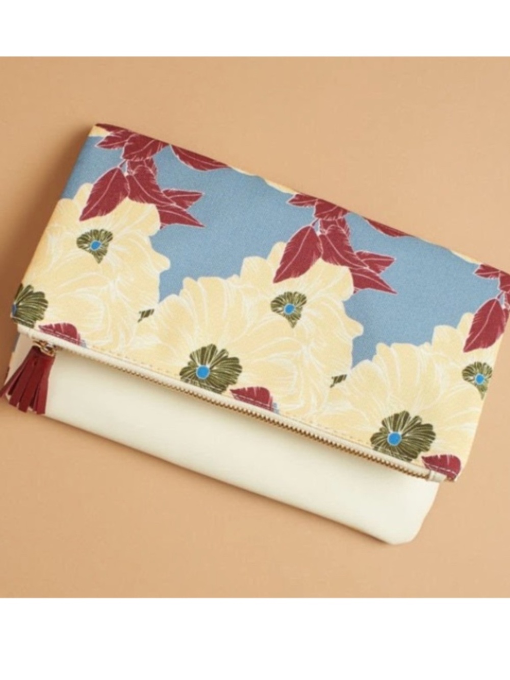 Rachel Pally Reversible Foldover Clutch Bag Cream Faux Leather Floral